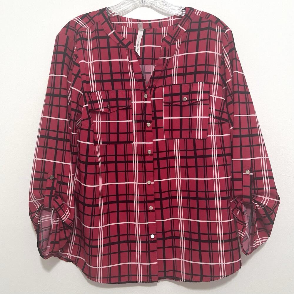 NY Collection Womens Large Pink Plaid Roll Tab 3/4 Sleeve Blouse Top L Button